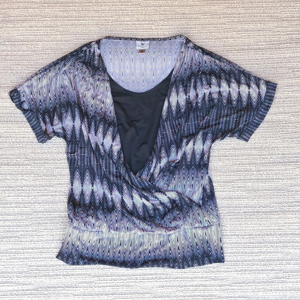 WORTHINGTON STRETCH WOMEN M BLACK BLUE IKAT CHEVRON SURPLICE FAUX WRAP BLOUSE